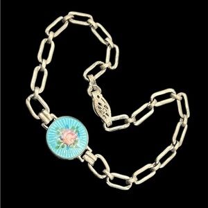 Guilloche blue painted enamel flower sterling silver link bracelet vintage SMALL